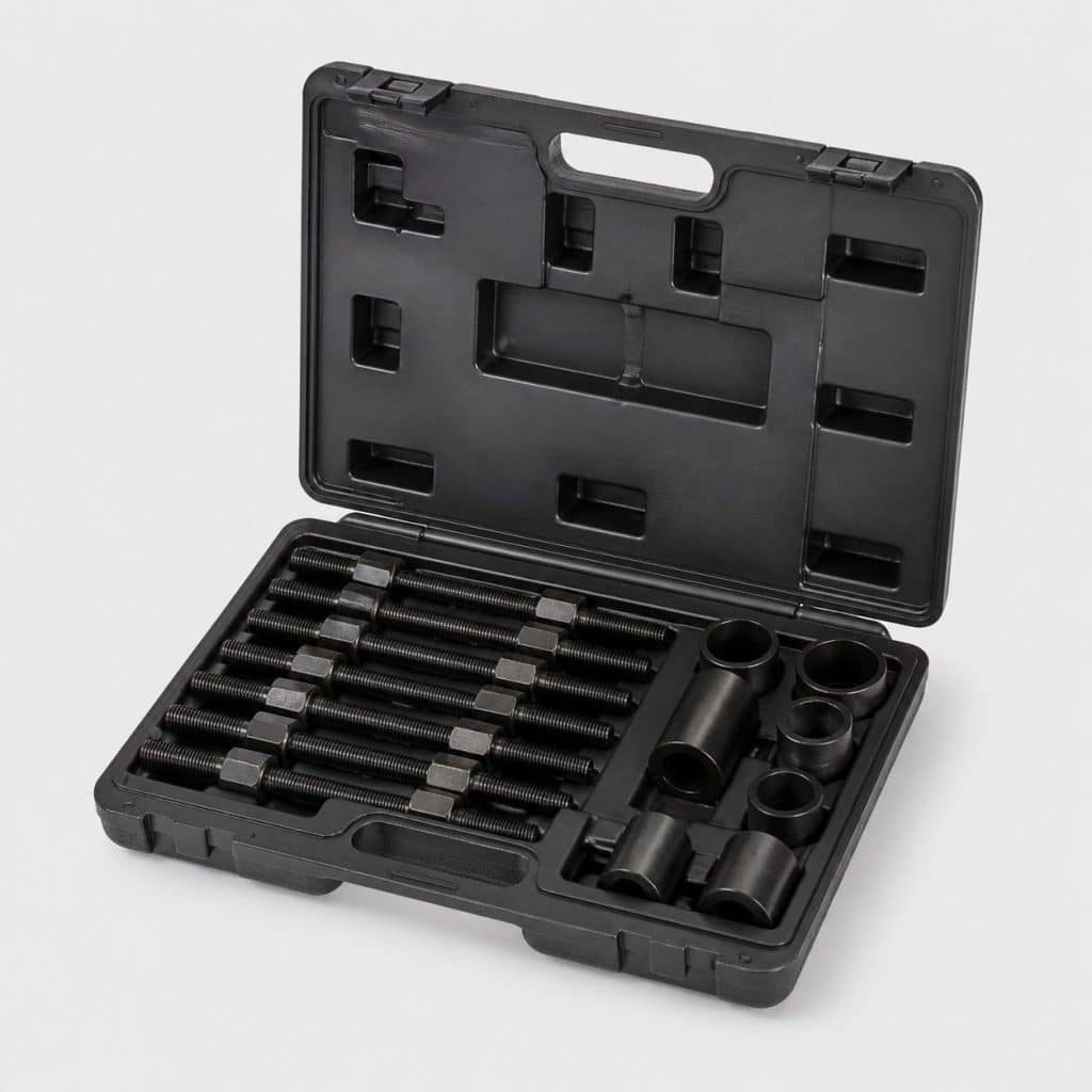 Coffret repousse-piston avec tige et adaptateurs sur fond clair