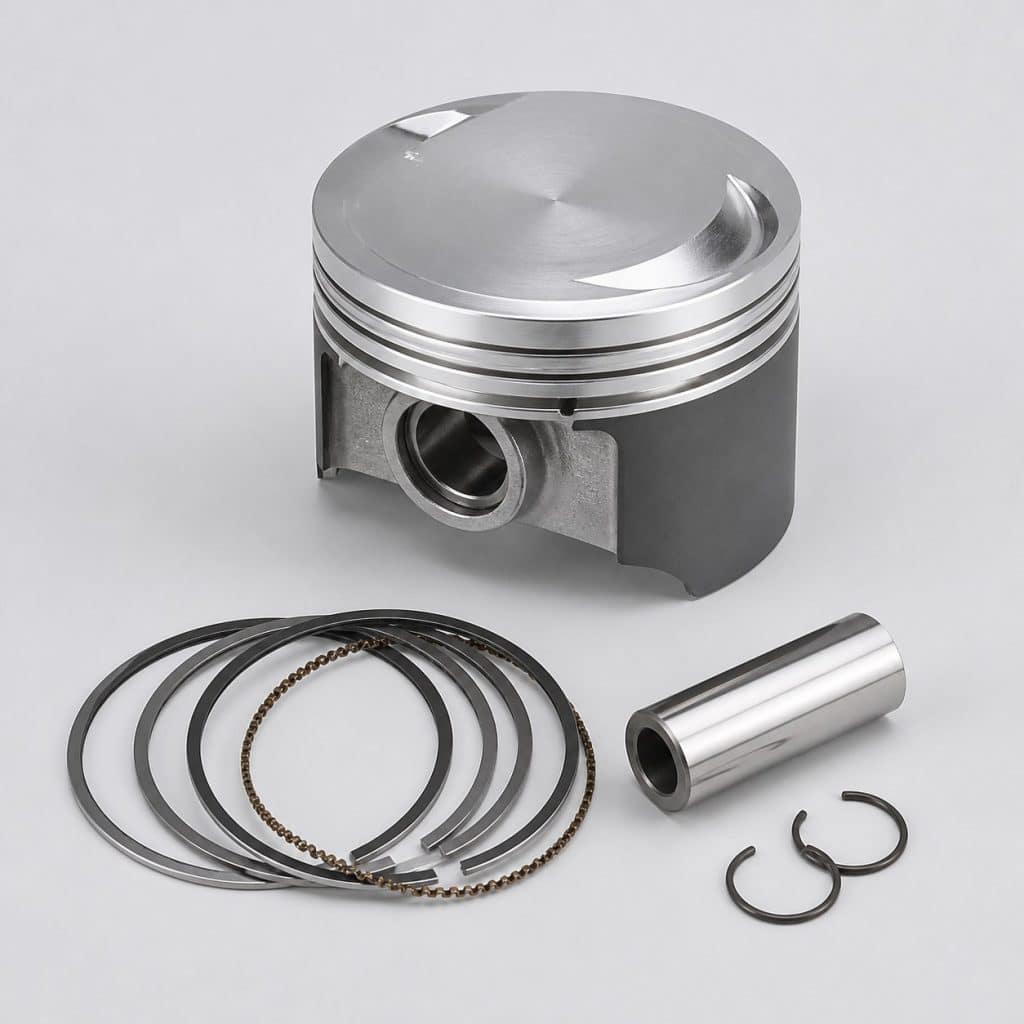 Piston forgé de moto avec segments et axe sur fond clair