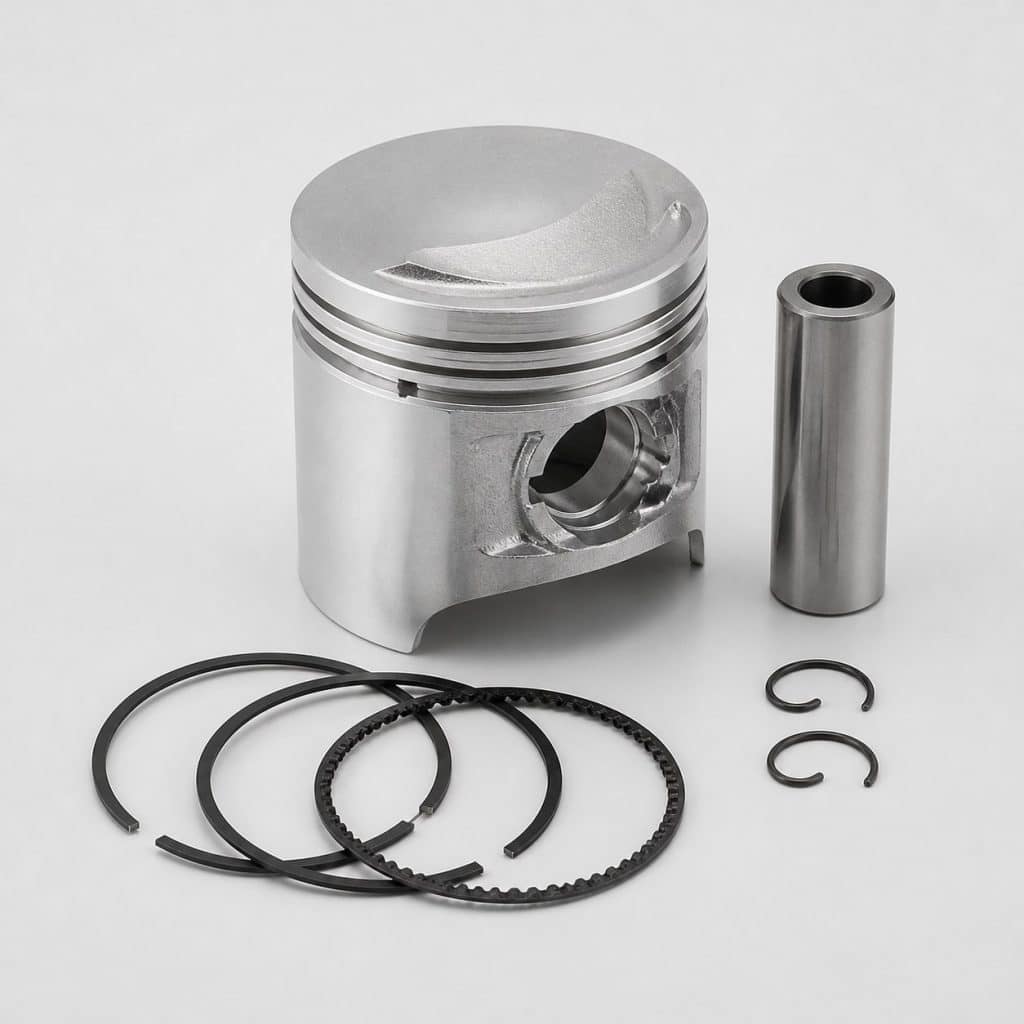 Piston complet de scooter avec segments et axe sur fond clair