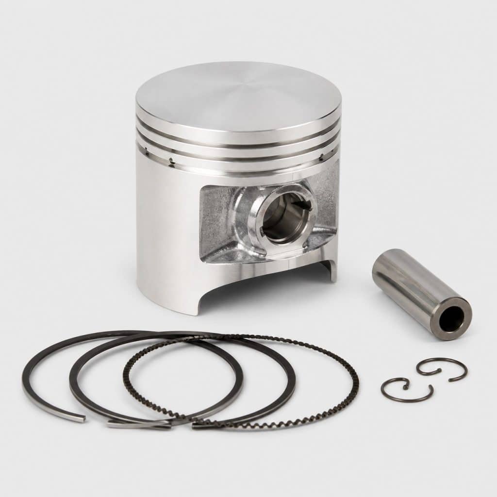 Piston de moteur deux-roues avec segments et axe sur fond clair